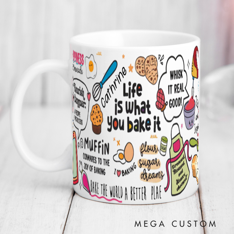 Personalized Life is What you Bake It Mugs Custom Baking Lovers Mug with Name Ceramic Baking Recipe Coffee Mug for Baking Lover Gift