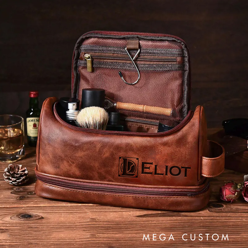 Personalized Classic MOBA Game Inspired Hanging Leather Dopp Kit Gamer Mens Leather Toiletry Bag Engraved Dopp Bag Gift For Men