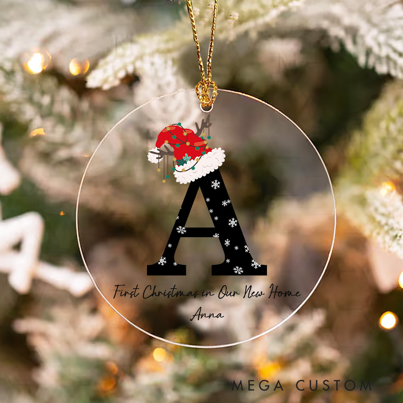 Personalized Christmas Ornament First Christmas in Our New Home Custom Initial Design with Snowflakes and Santa Hat Perfect Holiday Decoration or Gift