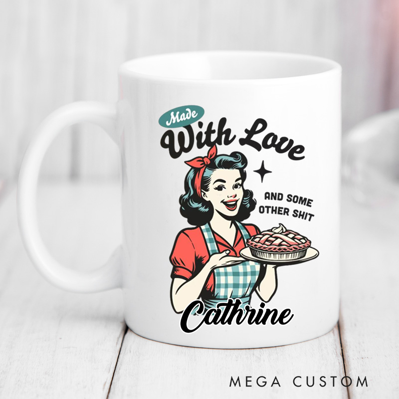 Personalized Made with Love Mugs Retro Pie Maker Coffee Mug with Name Vintage Baker Coffee Cup for Baking Lover Gift