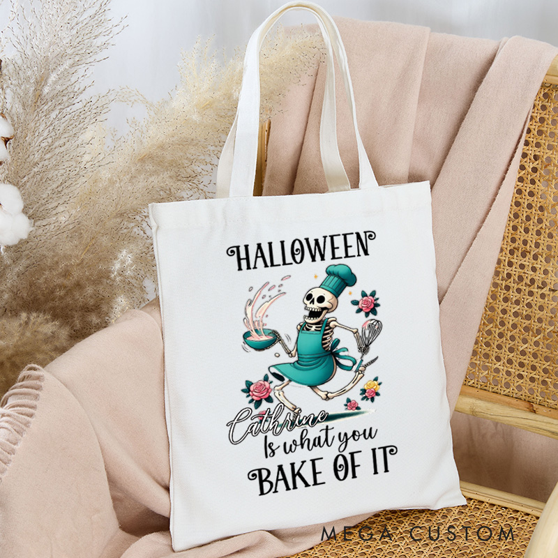 Personalized Halloween is What You Bake of It Tote Bag Custom Skeleton Baking Bag with Name Halloween Party Tote Baking Lover Gift