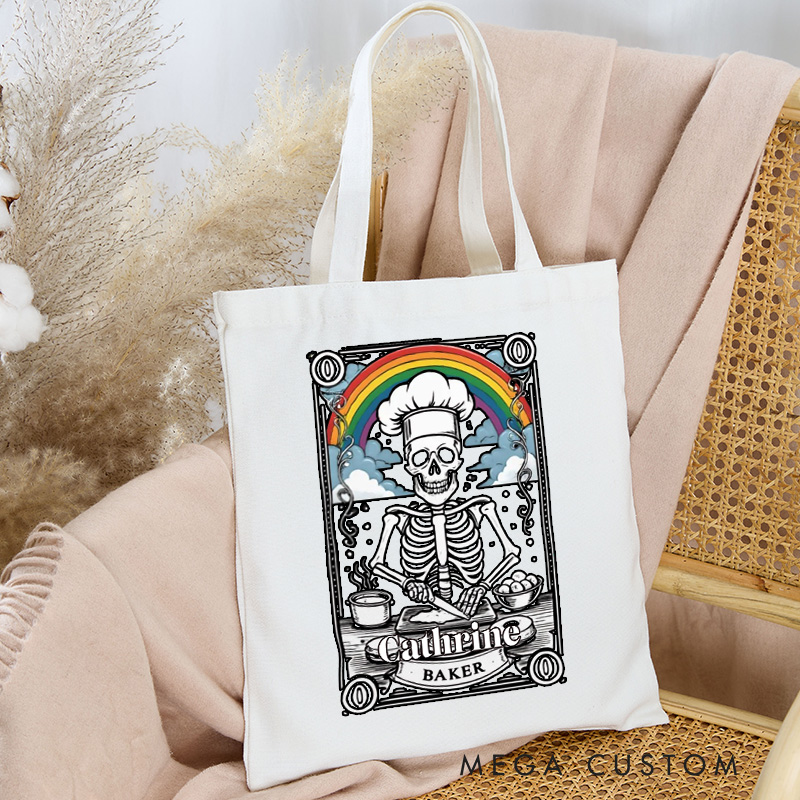 Personalized Baker Skeleton Gay Pride Tote Bag Custom LGBT Rainbow Baker Canvas Bag with Name Spooky Baker Tote for Baking Lover Gift