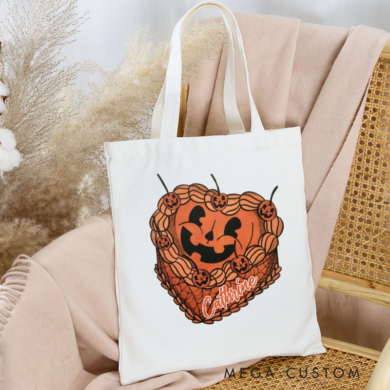 Personalized Girly Pumpkin Cake Tote Bag Custom Halloween Girly Baker Canvas Bag with Name Cake Baker Tote for Baking Lover Gift