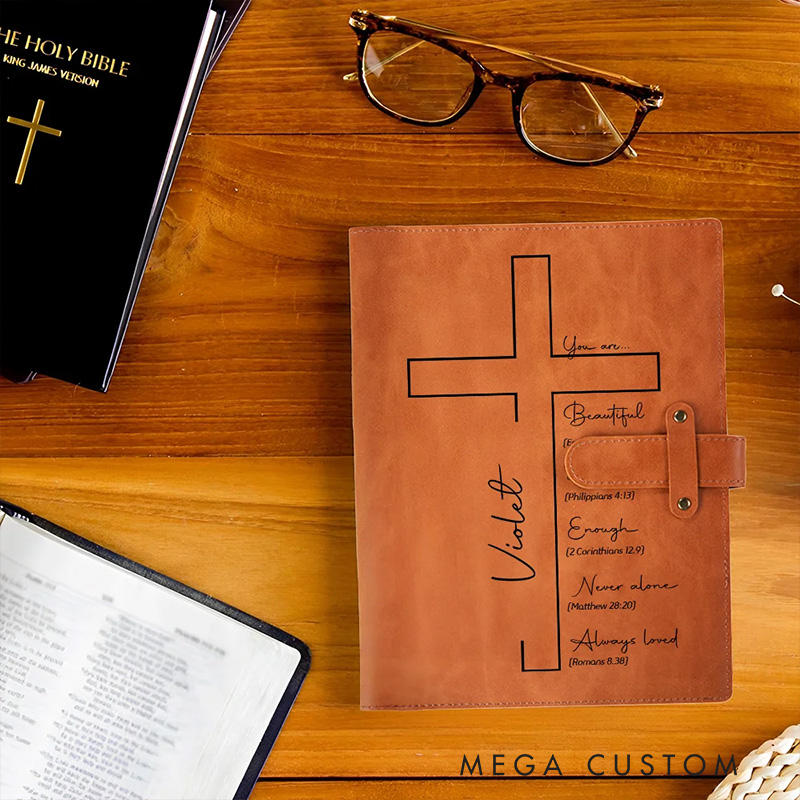 Personalized Cross Bible Verse Portable A5 Leather Notebook Cover with Pocket Birthday Religious Baptism Gift for Family Friends Christians