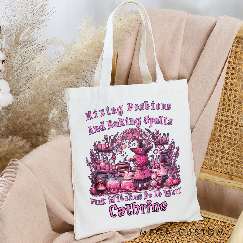 Personalized Mixing Postions and Baking Spell Tote Bag Custom Pink Witch Halloween Bag with Name Baking Tote for Baking Lover Gift