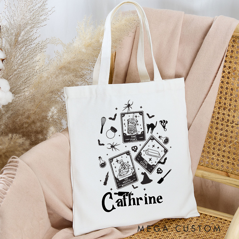 Personalized Halloween Baking Tote Bag Custom Bakery Canva Bag with Name Baker Tarot Card for Baking Lover Gift