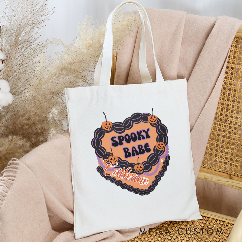 Personalized Spooky Babe Tote Bag Custom Halloween Spooky Cake Bag with Name Goth Pumpkin Cake Bag for Baking Lover Gift