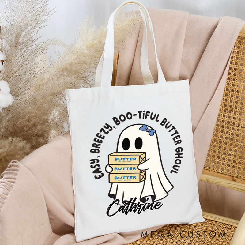 Personalized Easy Breezy Boo-tiful Butter Ghoul Tote Bag Custom Halloween Baking Tote with Name Bakers and Butter Bag Baking Lover Gift