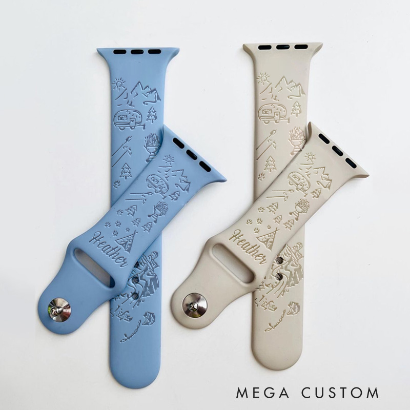 Personalized Camping Adventure Watch Band with Name for Apple Watch Outdoors Lover Watch Band Gift Nature Hiking Lover