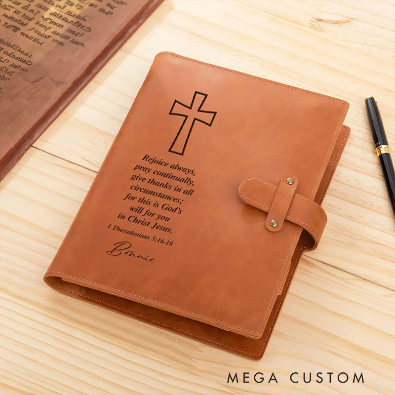 Personalized Cross Rejoice Always Name Leather A5 Sketchbook Notebook Cover with Storage Pocket Christmas Gift for Christian