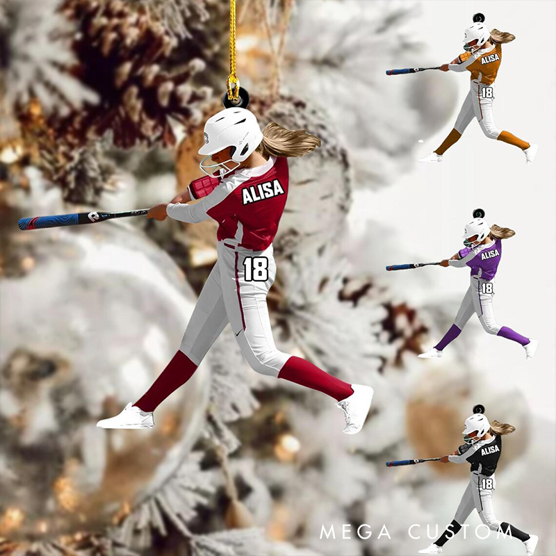 Personalized Softball Player Acrylic Christmas Ornament with Custom Name, Number, and Uniform Colors