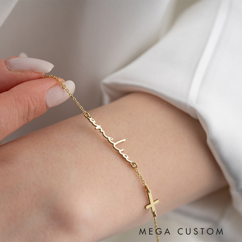 Personalized Women Cross Bracelet with Handwritten Name  Dainty Cross Charm Bracelet Tiny Name Bracelet Religious Gift for Her Mother's Day Gift