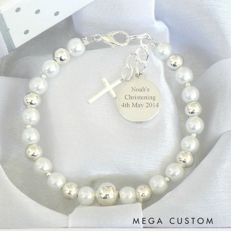 Personalized Cross Acrylic Pearl Elastic Cord Baptism Bracelet with Name and Date Religious Christmas Gift for Christian Christening Gift