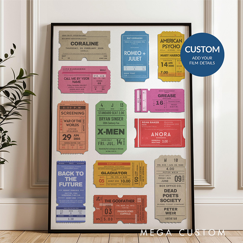 Personalized Vintage Movie Ticket Poster Without Frame Custom Film Lover Art Gift for film fans Date Night Wall Decor