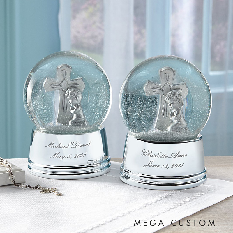 Personalized Silver Cross Praying Child Keepsake Snowglobe with Name and Date Religious Christian Faith Gift