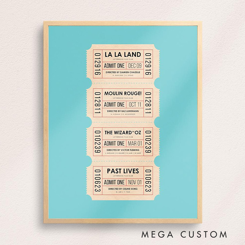 Personalized Vintage Your Top 4 Movie Ticket Poster Without Frame Custom Film Lover Art Gift for film fans Date Night Wall Decor