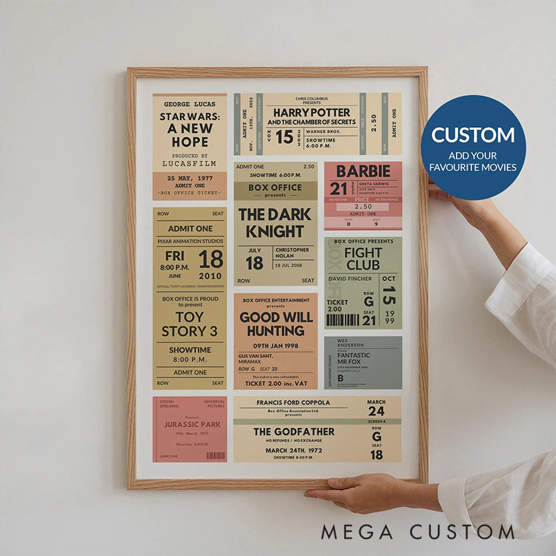 Personalized Square Movie Ticket Poster Without Frame Custom Film Lover Art Gift for film fans Date Night Wall Decor