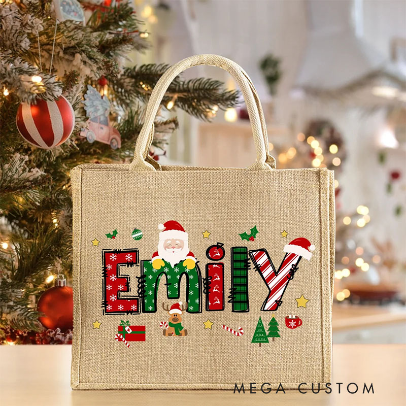 Personalized Cute Santa Christmas Theme Letters Reusable Jute Tote Bag with Name Christmas Holiday Gift for Kids Family