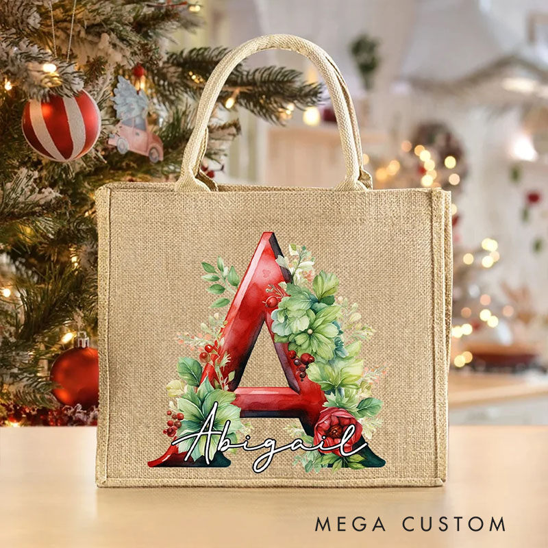 Personalized 3D Holly Floral Initial Durable Jute Tote Bag with Name Christmas Gift for Family Friend and Kids