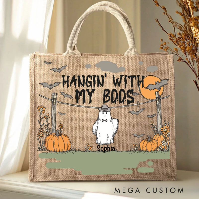 Personalized Hangin With My Boos Pumpkin Ghost Jute Bag with Names Halloween Party Gift for Boys Girls