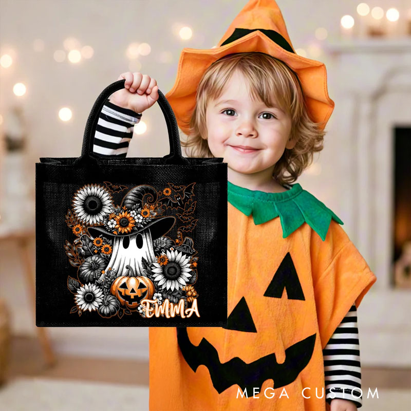 Personalized Floral Ghost Black Linen Tote Bag with Name Halloween Party Gift for Boys Girls