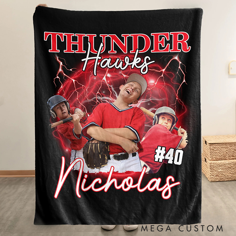 Personalized Thunder and Lightning Baseball Blanket Featuring Your Team and Photos 