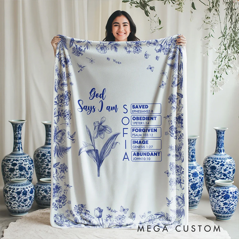 Personalized Toile De Jouy Birth Flower Bible Chapter Name Soft Throw Blanket Baptism Birthday Christmas Gift for Women Christians