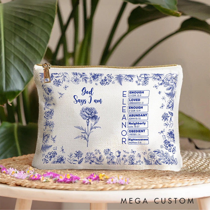 Personalized Toile De Jouy Birth Flower Bible Chapter Name Makeup Bag Baptism Birthday Christmas Gift for Women Christians