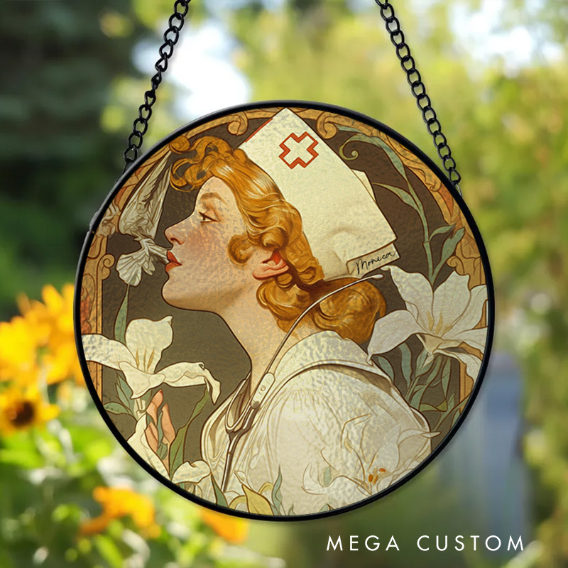 Personalized Vintage Nurse Lily Art Sun Catcher Custom Glass Plaque for Nurse 