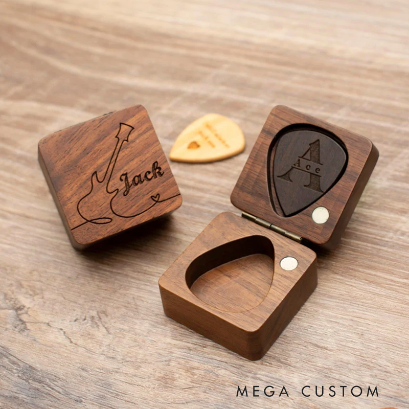Personalized Wooden Guitar Picks with Case Custom Guitar Pick Holder Plectrum Box Guitar Player Gift