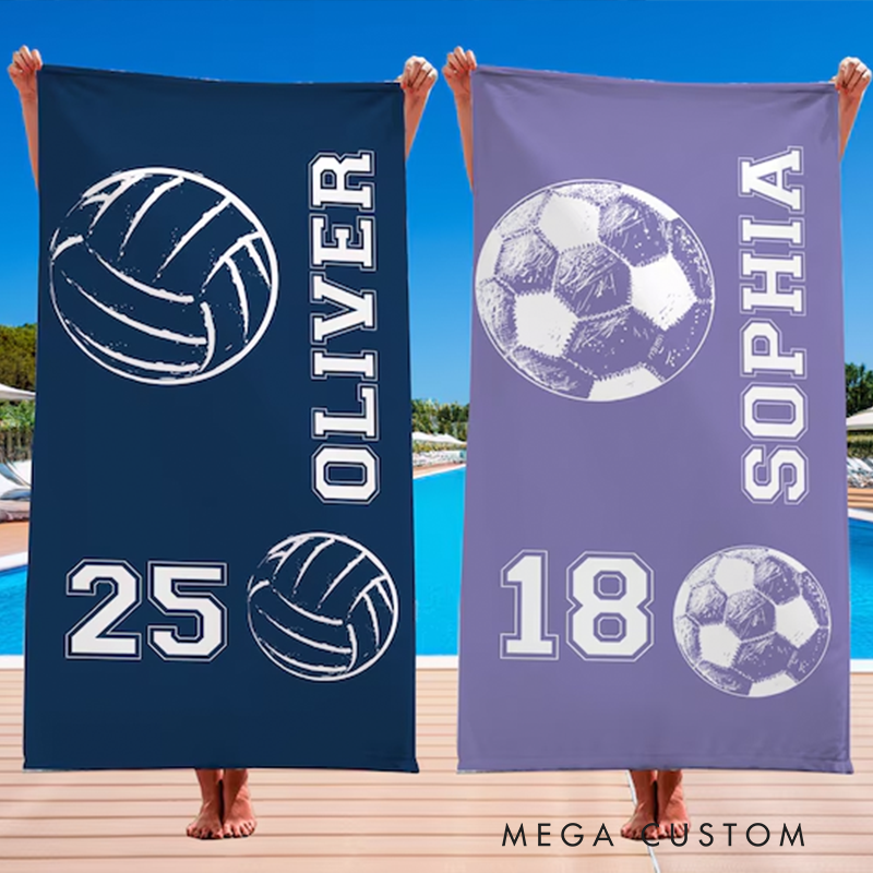 Personalized Sports Beach Towels with Custom Name, Number, and Ball Design