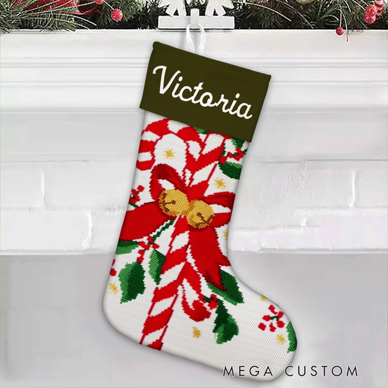 Personalized Candy Cane and Holly Christmas Stocking