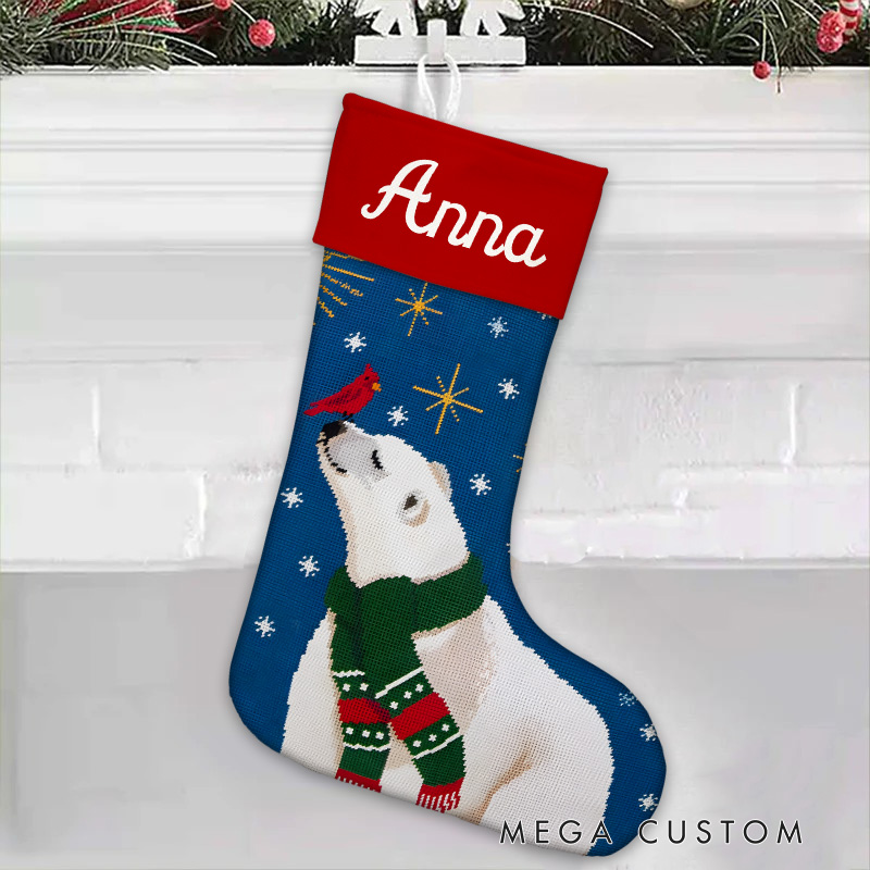 Personalized Polar Bear with Scarf Christmas Stocking