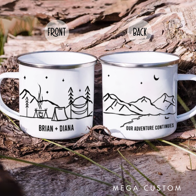 Personalized Camp Mug Custom Couple Mountain Camping Mug Outdoor Adventure Coffee Cup Gift for Camper Hiker Lover