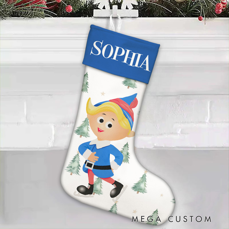 Personalized Festive Elf with Trees Christmas Stocking