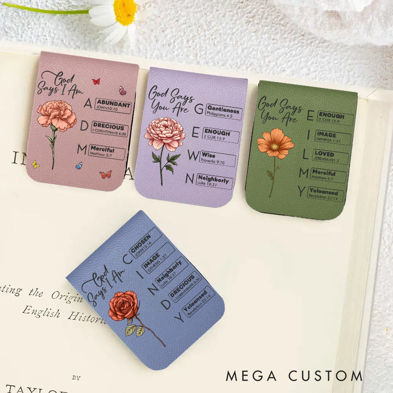 Personalized God Says I am Bible Leather Magnetic Bookmark with Birthflower and Name Reading Stationery Supplies Birthday Gift for Christian Bookworm