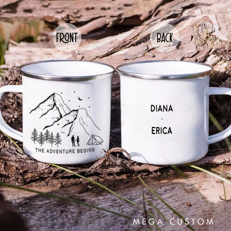 Personalized Mountain Camping Mug Custom Couple Outdoor Adventure Coffee Cup Gift for Nature Hiking Lover