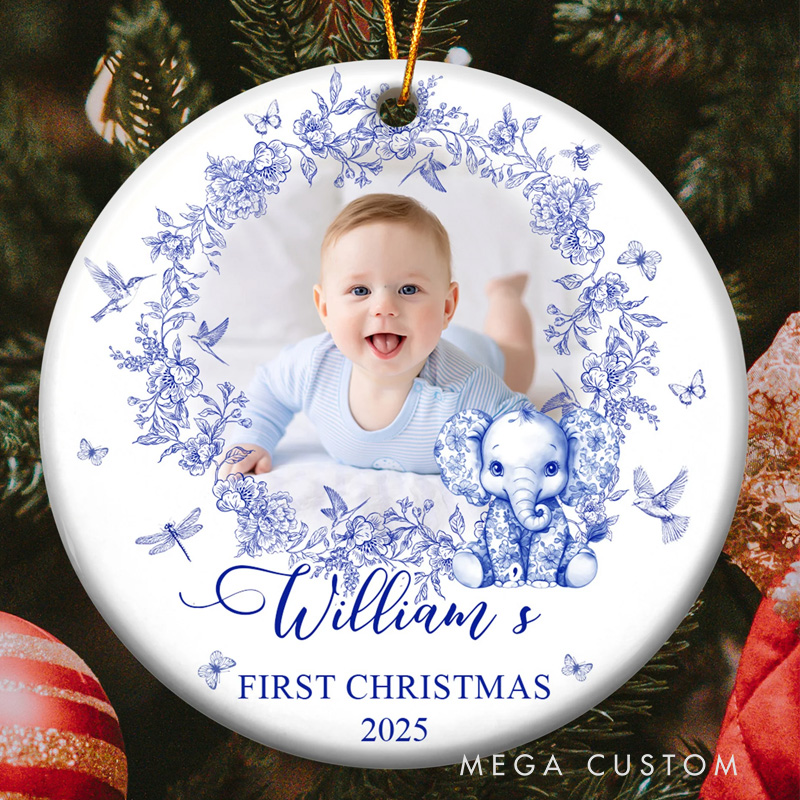 Personalized Baby's First Christmas for Baby Girl Baby Boy Toile De Jouy Ceramic Photo Ornament
