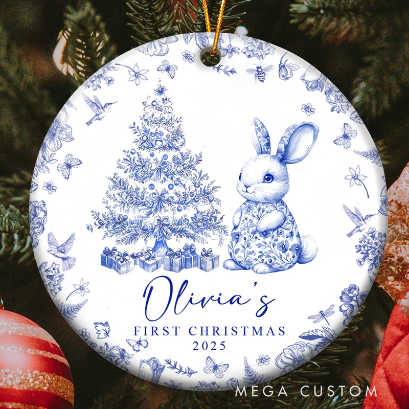 Personalized Baby's First Christmas Toile De Jouy Ceramic Ornament