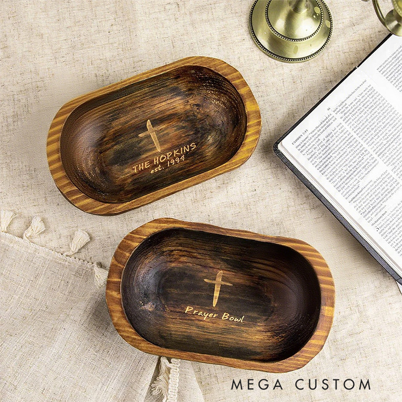 Personalized Cross Wood Prayer Bowl Dough Bowl with Name and Date Home Decor Religious Gifts Christian Gifts