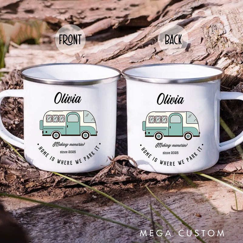 Personalized Campervan Enamel Camp Mug Custom Outdoor Camper Van Coffee Cup Gift for Van Camping Lover