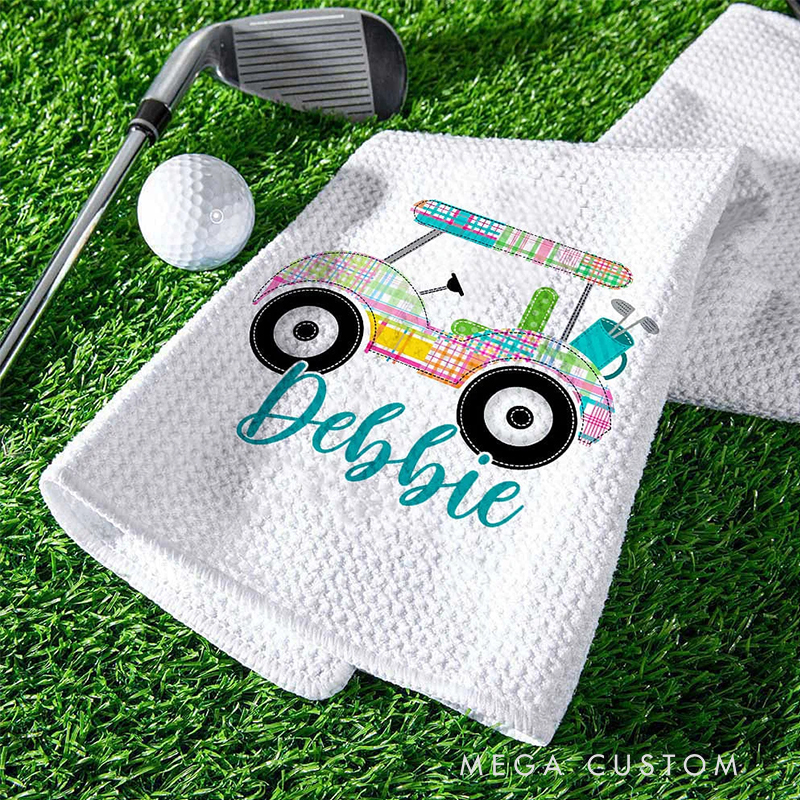 Personalized Golf Towel with Floral Golf Cart and Custom Name Design  