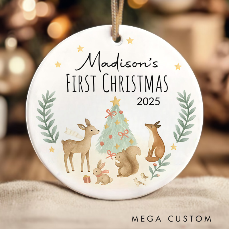 Personalized First Christmas Baby Ornament Gift Woodland Creatures Ceramic Christmas Ornament Holiday Keepsake Ornament