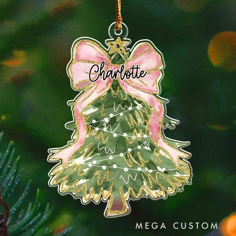 Personalized Elegant Christmas Tree with Pink Bow and Name Holiday Charm Christmas Ornament