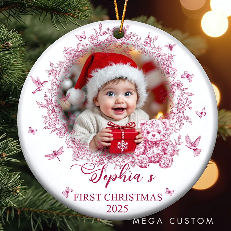 Personalized Baby's First Christmas for Baby Girl Baby Boy Toile De Jouy Ceramic Photo Ornament