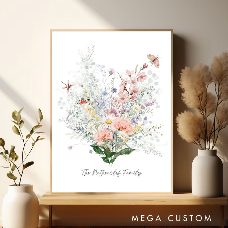 Personalized Birth Flower Family Bouquet Wall Art Watercolour Birth Flower Poster Without Frame Custom Art