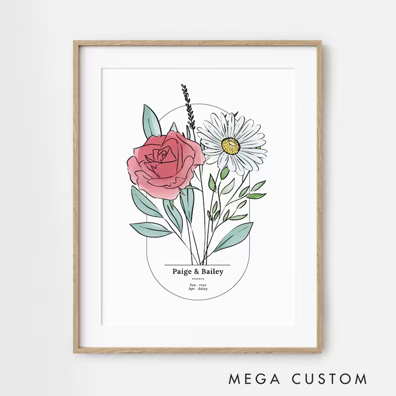 Personalized Couples Birth Flower Bouquet Wall Art for Wedding Aniversary Watercolour Birth Flower Poster Without Frame Custom Art