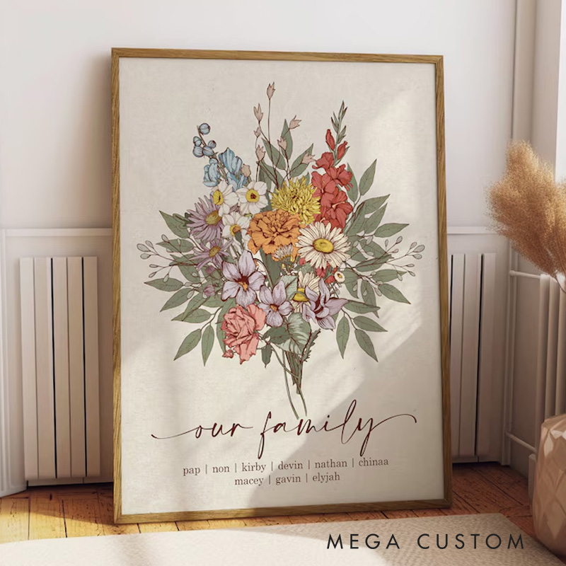 Personalized Boho Birth Flower Family Bouquet Wall Art Illustration Birth Flower Poster Without Frame Custom Art