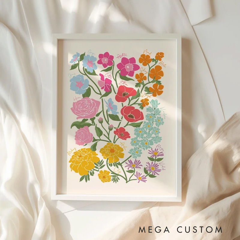 Personalized Minimalist Birth Flower Family Bouquet Wall Art Illustration Birth Flower Poster Without Frame Custom Art