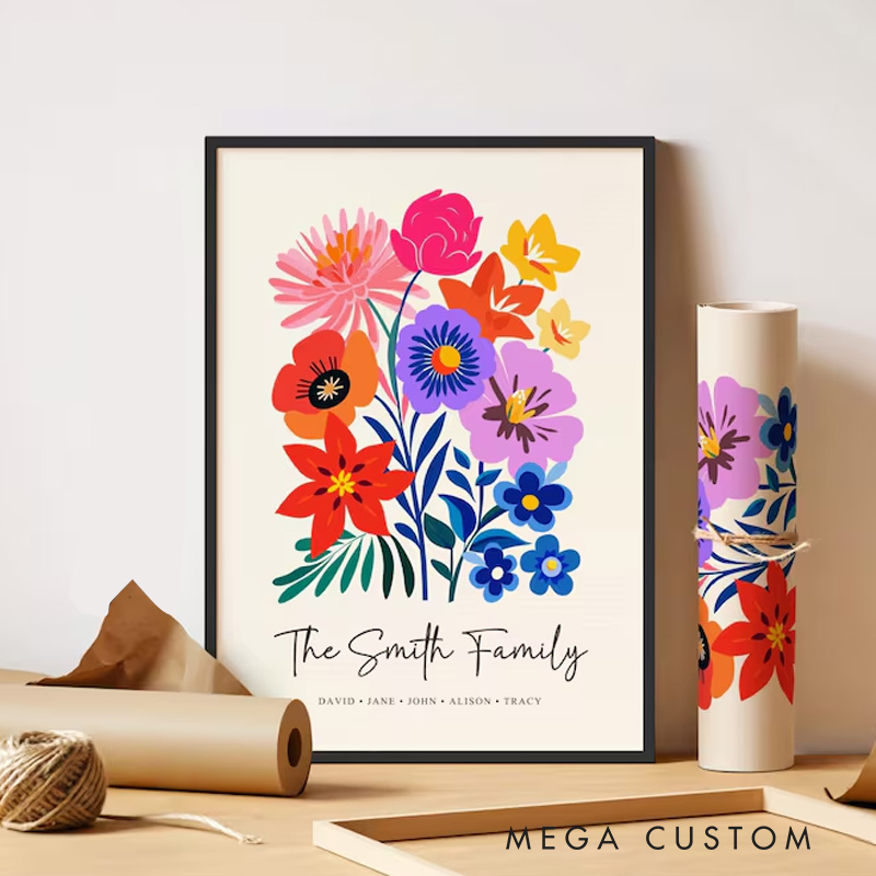 Personalized Illustration Birth Flower Family Bouquet Wall Art Birth Flower Poster Without Frame Custom Art